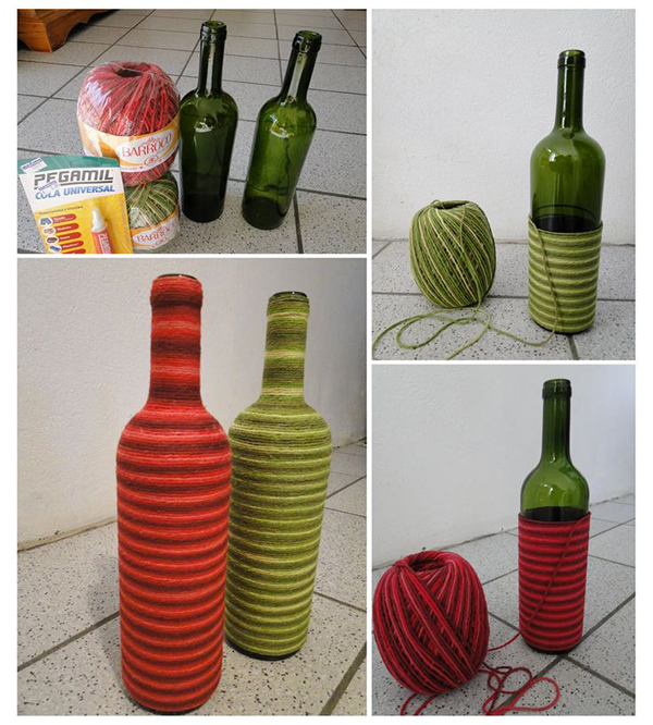 Artesanato com garrafas de vidro decoradas com sisal ou lã